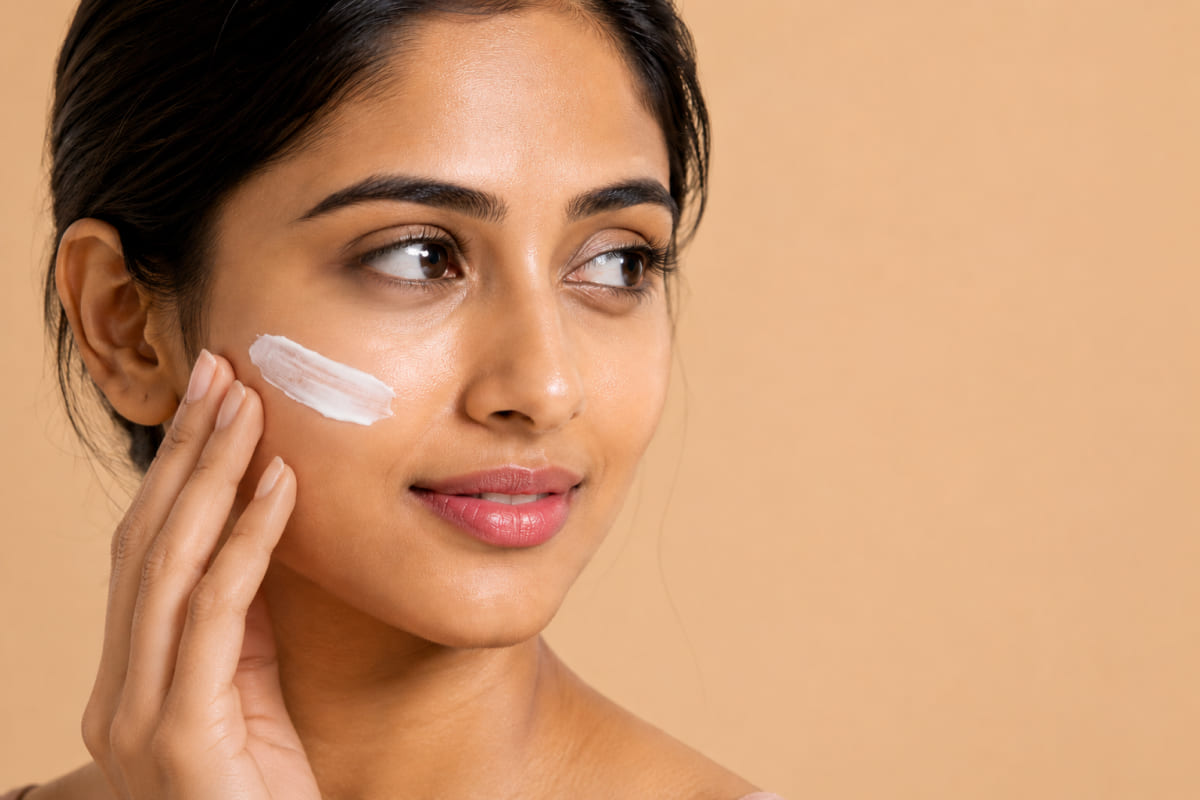 Woman applying moisturizer as part of a monsoon skincare routine