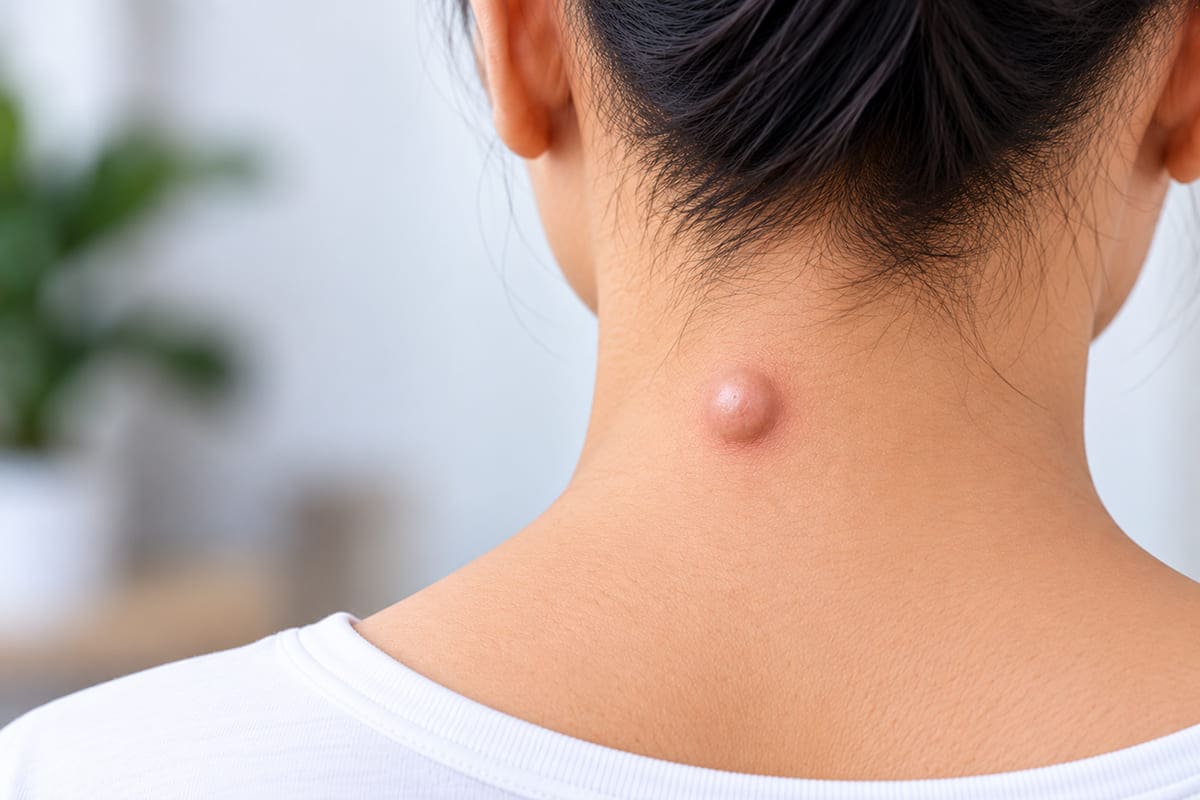 Dermatologist examining a patient's skin lump during a consultation for cyst removal