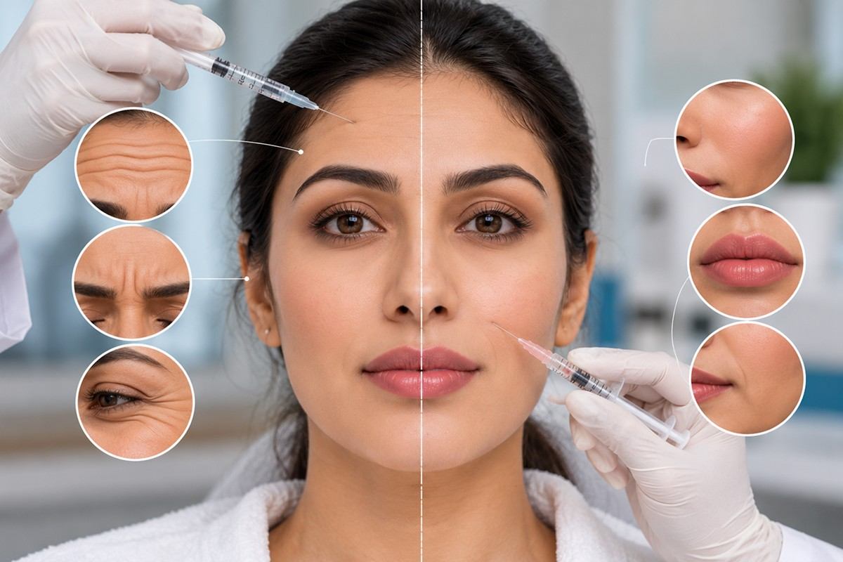 Diagram comparing Botox relaxing a facial muscle with filler adding volume beneath the skin
