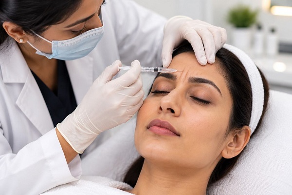 Hyaluronic acid dermal filler syringe on a clinic tray