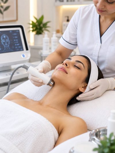 Comparison graphic of HIFU, RF, laser and RF microneedling skin tightening treatments